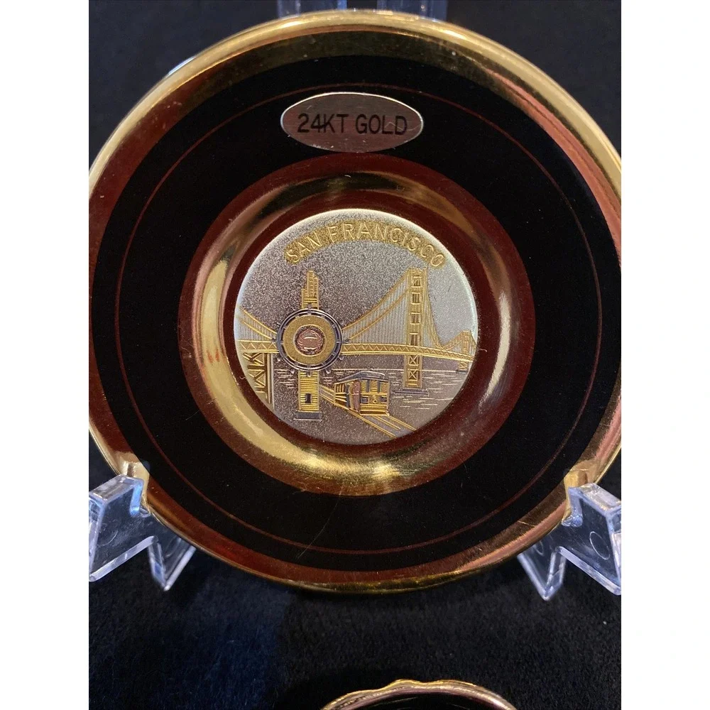 Chokin Art San Francisco Golden Gate Bridge Trolley Plate/Cup/Stand 24kt Gold